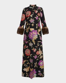 Valentino Garavani Sheep Shearling-Cuffs Metallic Floral Jacquard Long Coat