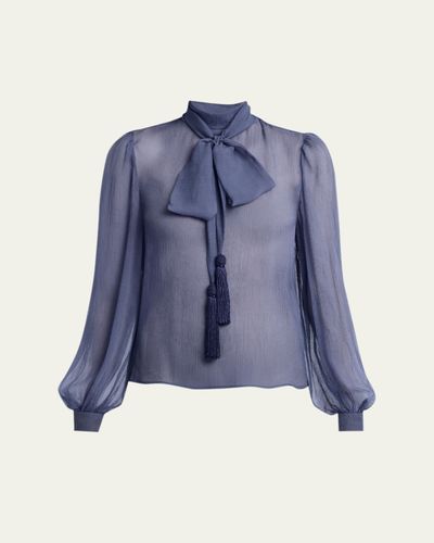 Valentino Garavani Tassel Bow-Neck Crinkle Chiffon Blouse