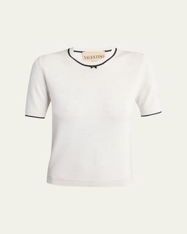 Valentino Garavani V-Logo Bow Short-Sleeve Wool Sweater