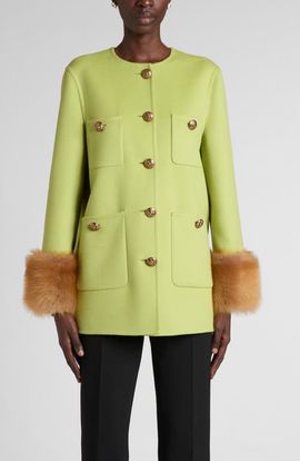 Valentino Garavani Valentino Garavani Compact Drape Wool & Cashmere Jacket with Genuine Shearling Cuffs