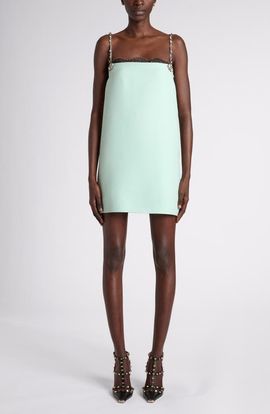 Valentino Garavani Valentino Garavani Crystal & Lace Trim Wool & Silk Crepe Minidress
