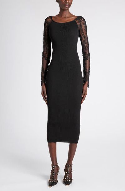 Valentino Garavani Valentino Garavani Lace Long Sleeve Rib Virgin Wool Blend Sweater Dress