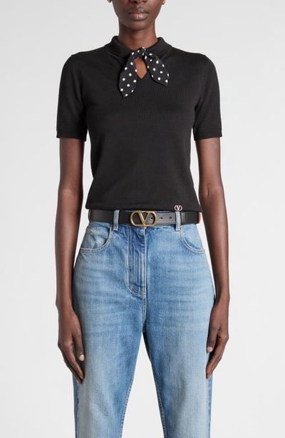 Valentino Garavani Valentino Garavani Short Sleeve Wool Blend Sweater with Polka Dot Silk Pussybow