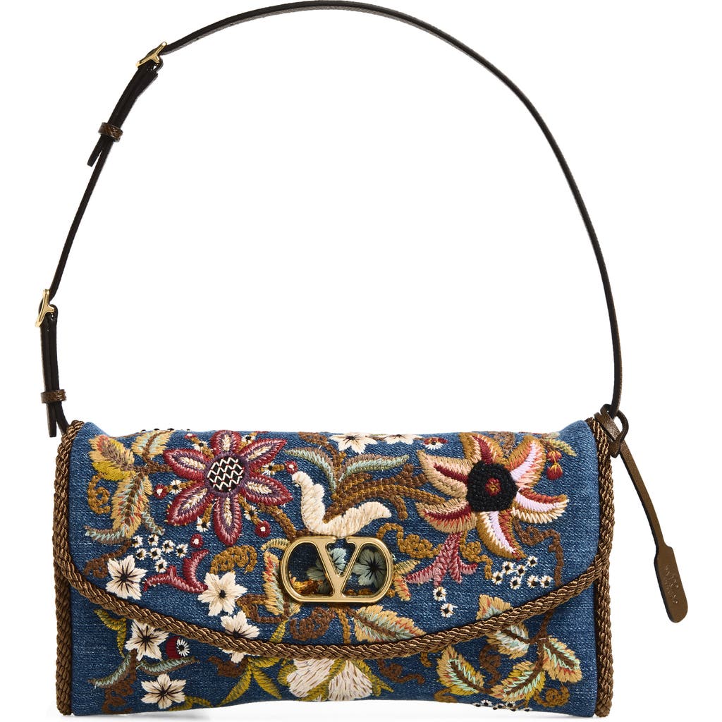 Valentino Garavani Valentino Garavani Small DeVain Embroidered Denim Shoulder Bag