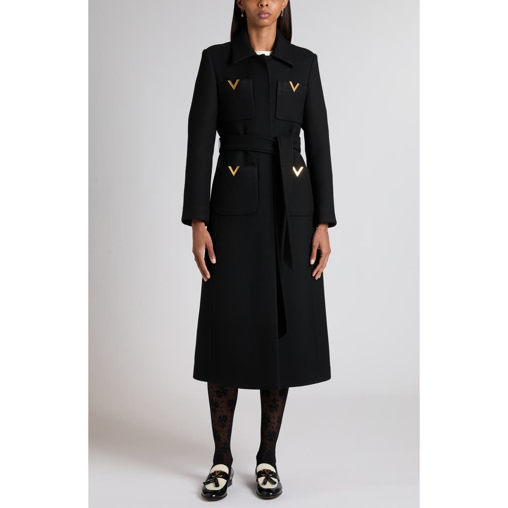 Valentino Garavani Valentino Garavani V-Detail Belted Virgin Wool & Silk Drill Coat