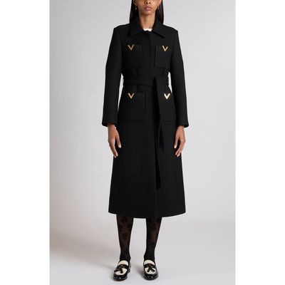 Valentino Garavani Valentino Garavani V-Detail Belted Virgin Wool & Silk Drill Coat