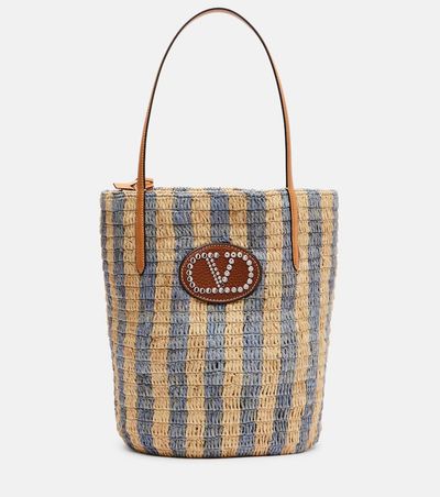 Valentino Garavani Valentino Garavani VLogo Large leather-trimmed striped raffia tote bag