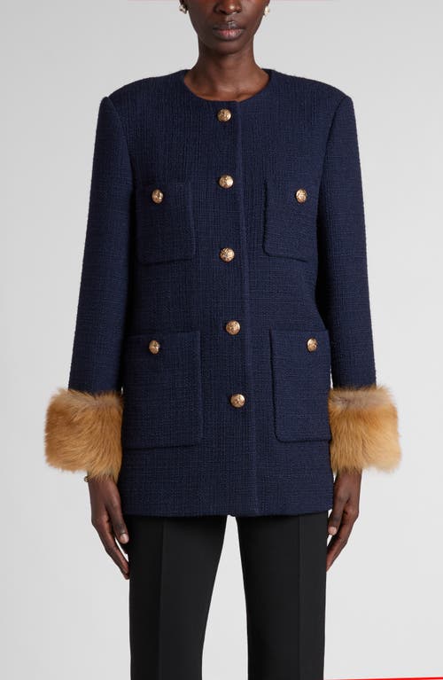 Valentino Garavani Valentino Garavani Wool Blend Tweed Jacket with Faux Fur Cuffs