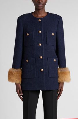 Valentino Garavani Valentino Garavani Wool Blend Tweed Jacket with Faux Fur Cuffs