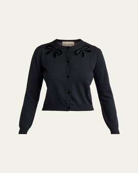 Valentino Garavani Velvet Bow Wool Crewneck Cardigan