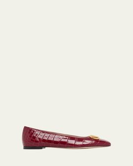 Valentino Garavani VLogo Croc-Embossed Leather Ballerina Flats