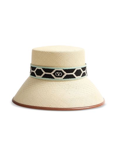 Valentino Garavani Women's Antibes Straw Bucket Hat with Leather Trim and Diamond