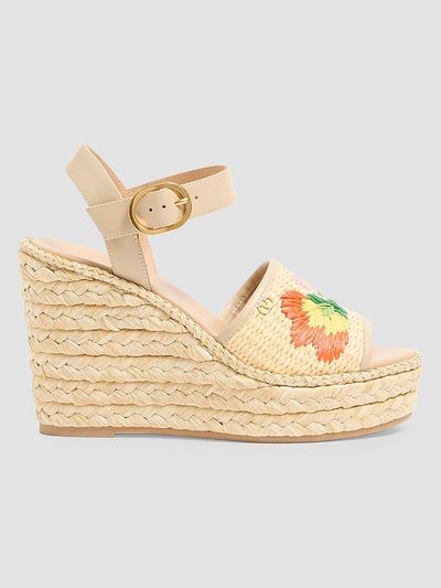 Valentino Garavani Women's Bribri 115MM Raffia Wedge Sandals with Floral Embroidery