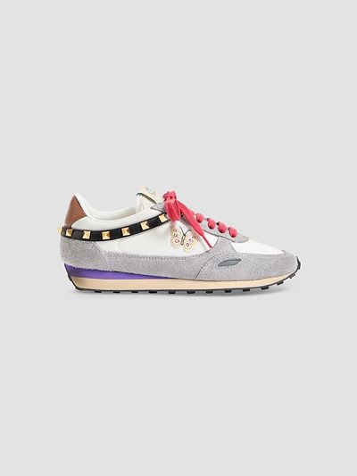 Valentino Garavani Women's Stud Up Sneaker in Split Leather and Nylon with Butterfly Embroidery