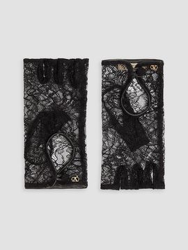 Valentino Garavani Women's VLogo Signature Biker Gloves in Lace and Leather