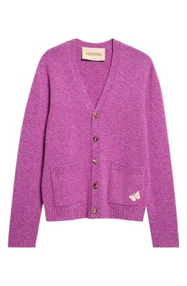 Valentino Valentino Butterly Appliqué Wool Mouliné Cardigan