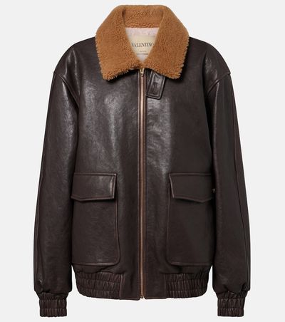 Valentino Valentino Caban Shearling-trimmed leather bomber jacket