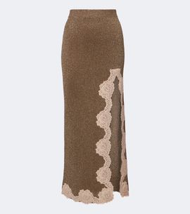 Valentino Valentino Lace-trimmed ribbed-knit lamé midi skirt