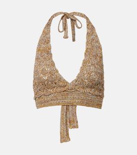 Valentino Valentino Open-knit linen-blend lamÃ© crop top