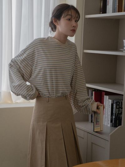 VANISHMENT Pocket stripe supersize long sleeve t-shirt_beige