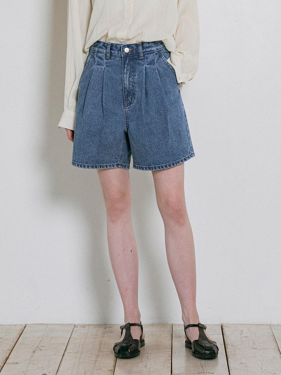 vanone atelier Double Pleated Denim Shorts (P3245) [Medium blue]