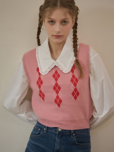 vanone atelier Eze Argyle Vest (Pink)