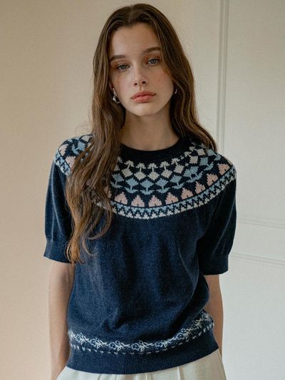 vanone atelier Floral Round Neck Knit Sweater (KN4261) [Navy]