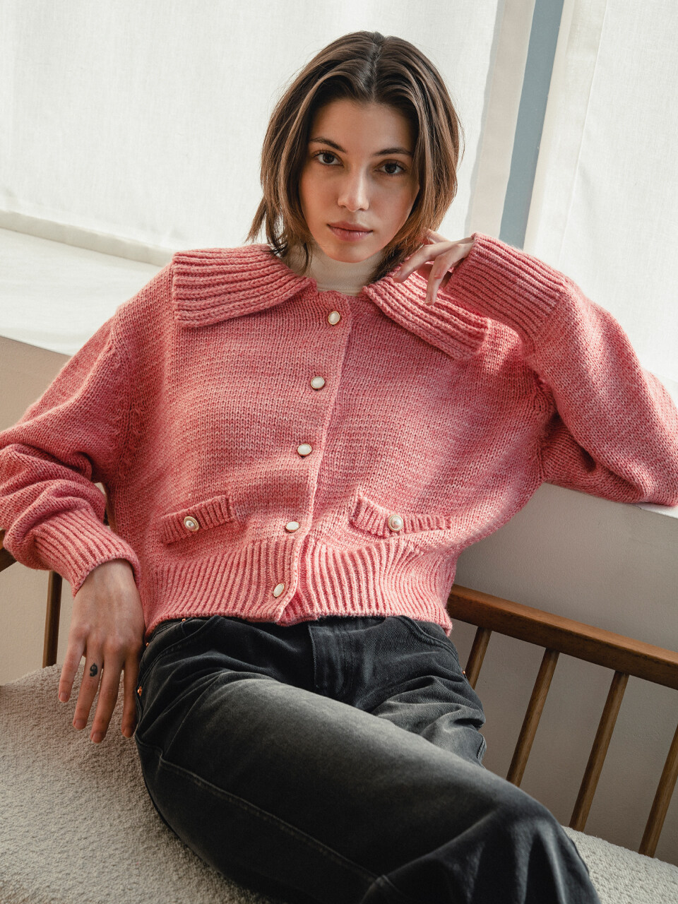 vanone atelier KN4207 Big Collar Wool Cardigan_Taffy Pink