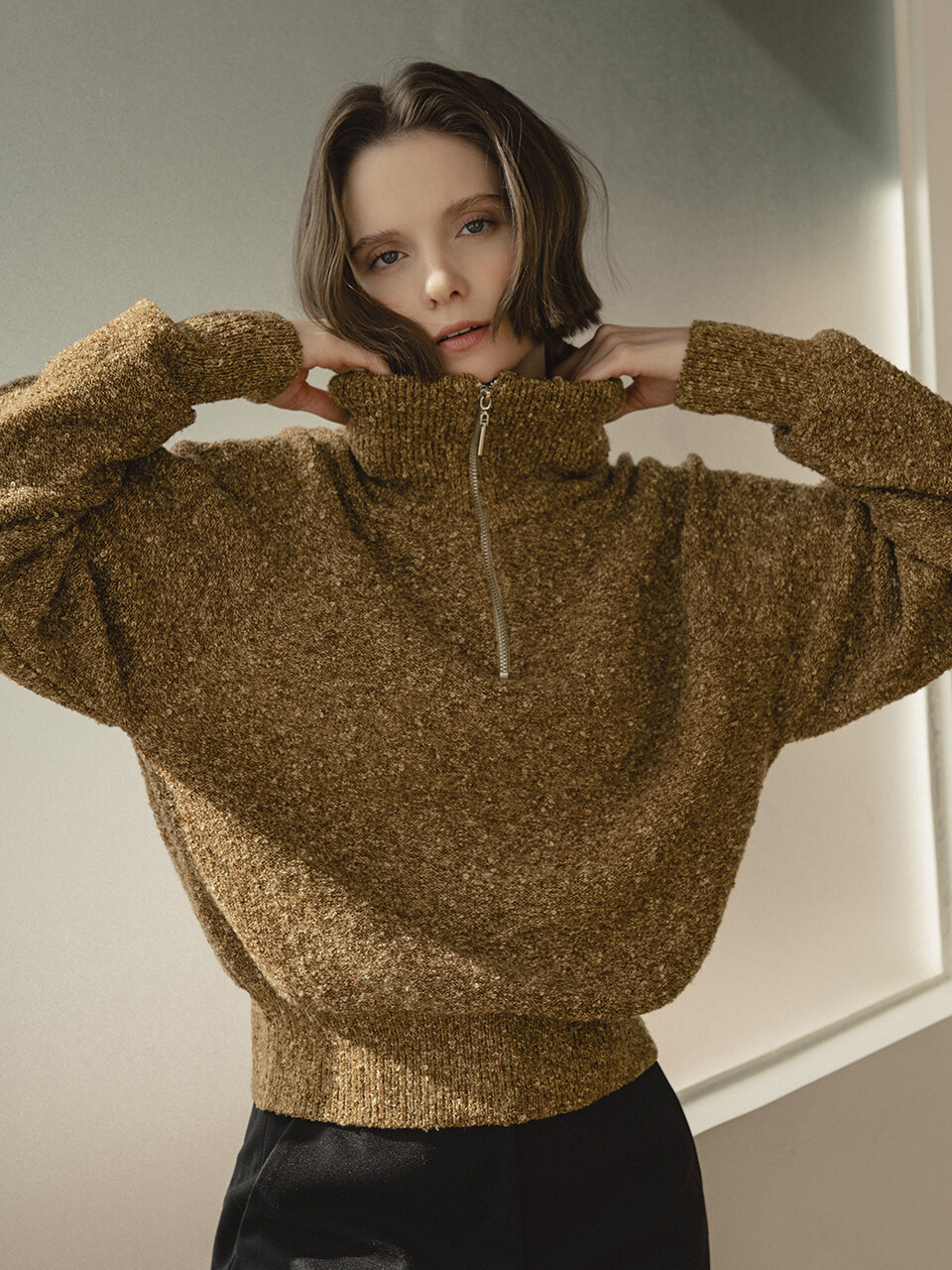 vanone atelier KN4214 Boucle Zip Knit_Golden Brown
