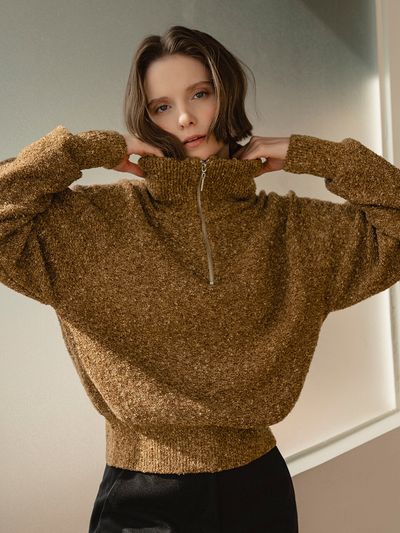 vanone atelier KN4214 Boucle Zip Knit_Golden Brown