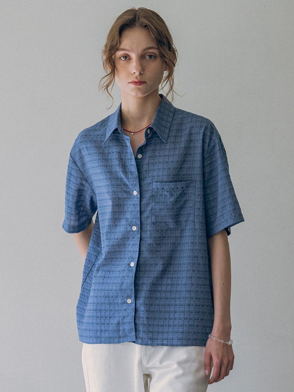 vanone atelier Sheer Check Short Sleeve Shirt (Blue)