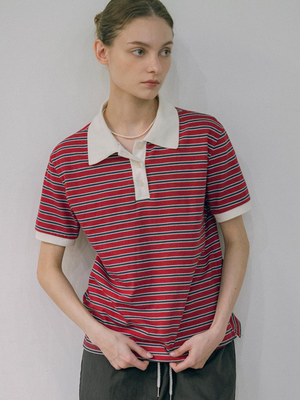 vanone atelier Stripe Polo T-Shirt (Red/Navy)
