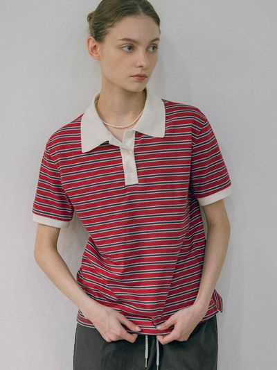 vanone atelier Stripe Polo T-Shirt (Red/Navy)