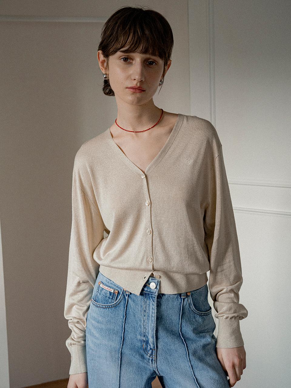 vanone atelier V-neck Sheer Cardigan (KN4259) [Beige]