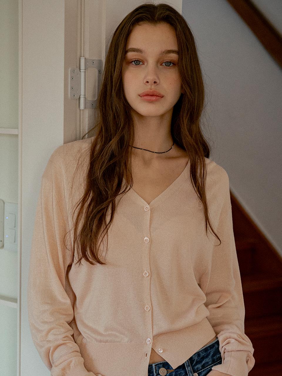 vanone atelier V-neck Sheer Cardigan (KN4259) [Dusty pink]