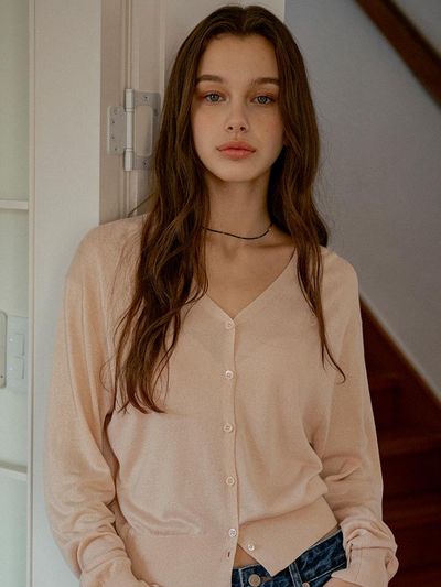 vanone atelier V-neck Sheer Cardigan (KN4259) [Dusty pink]