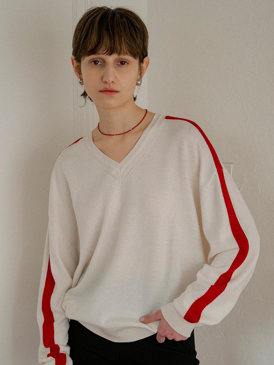 vanone atelier V-neck Track Knit Sweater (KN4258) [Ivory]