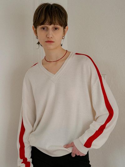 vanone atelier V-neck Track Knit Sweater (KN4258) [Ivory]