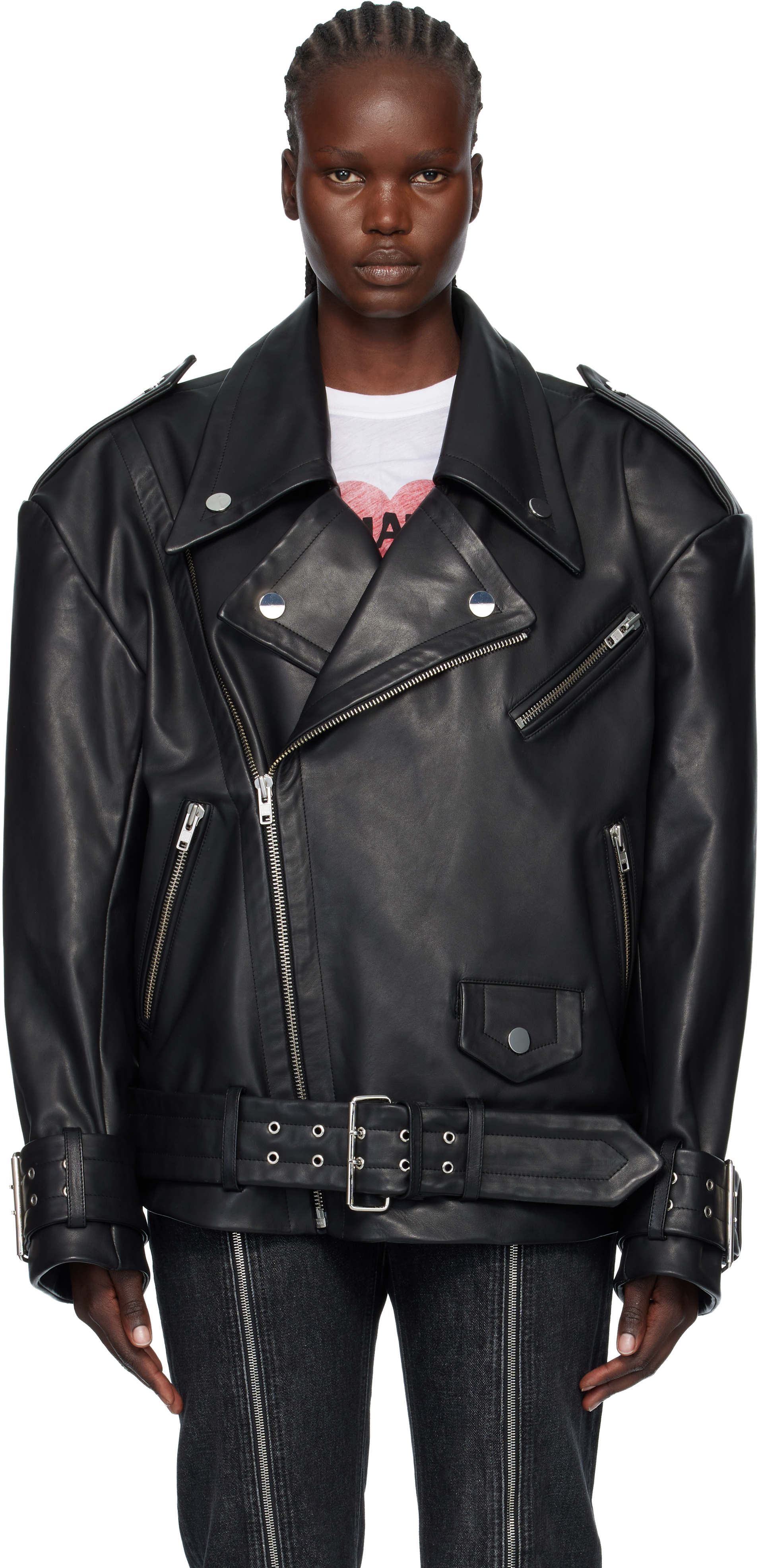 VAQUERA - Black Oversized Moto Leather Jacket