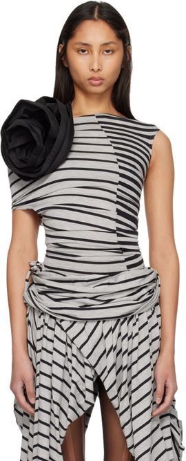VAQUERA VAQUERA Gray & Black Striped Corsage Top
