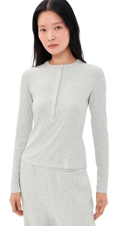 Varley Varley Kesia Long Sleeve Henley Top Light Grey Marl