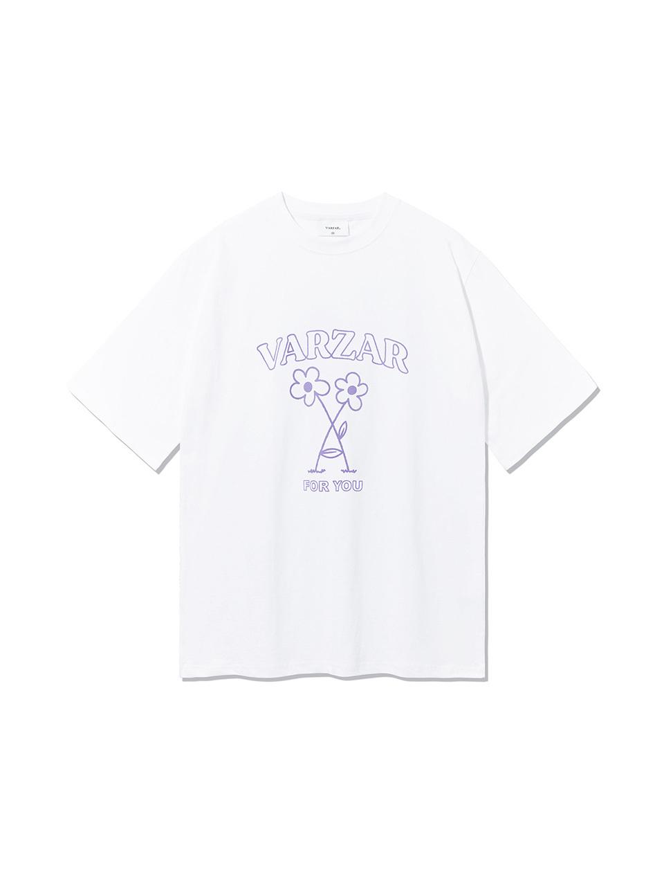 VARZAR Cotton Relaxed Fit Flower Short-Sleeve T-Shirt [Beige/Purple]