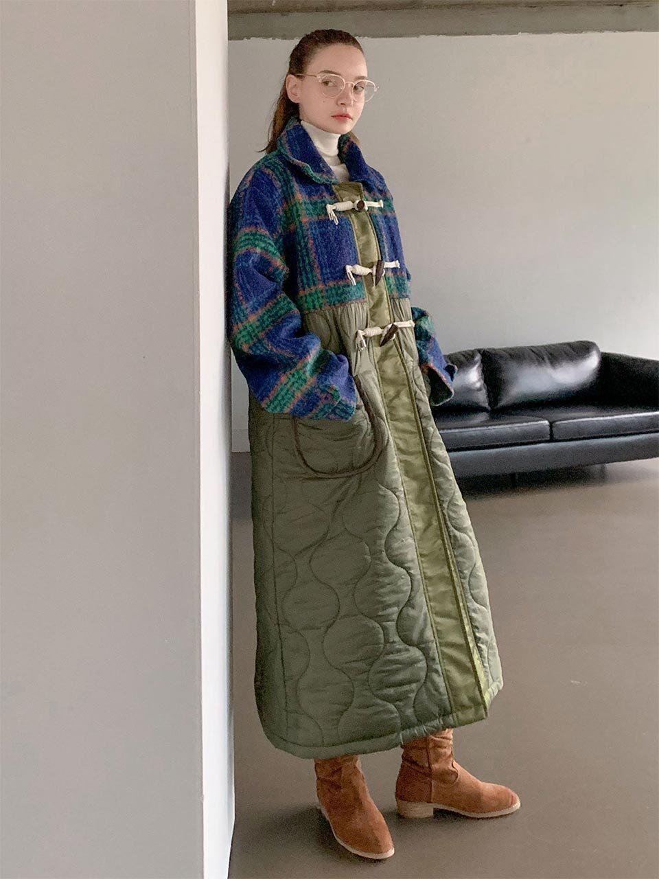 VASCARA Check Mixed Quilting Loose Fit Long Coat (VCOAT_026)