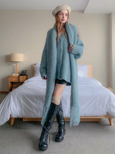 VASCARA Glass Boucle V-neck Knit Cardigan Muffler Set Coat [Blue] (VCOAT_030)