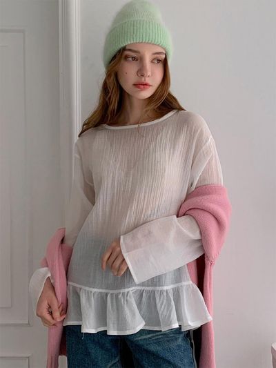 VASCARA Round Neck Shirring Frill Blouse [2colors]