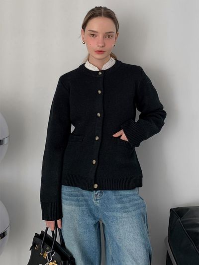 VASCARA Round Neck Single Button Cardigan [Black]