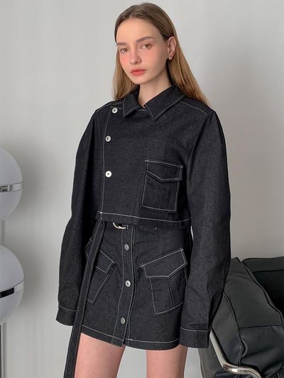 VASCARA Stitch Cropped Jacket Skirt Denim Set-Up Set (2colors)