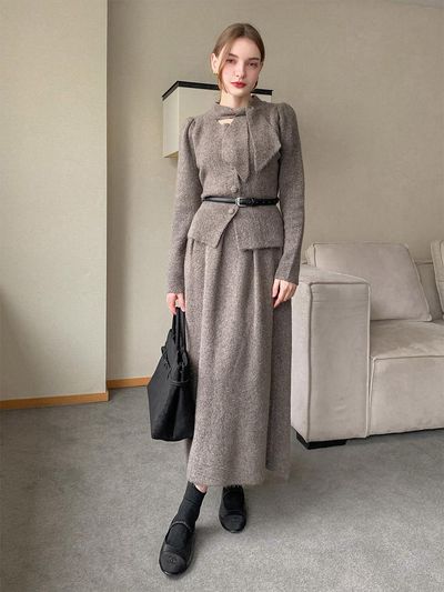 VASCARA Wool Slim Fit Two-Piece Blouse and Skirt Set (VSET_005)