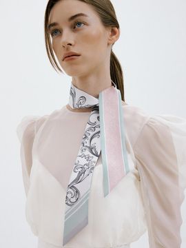 Ven&Qu Baroque-Mint Blush Long Twilly Silk Scarf