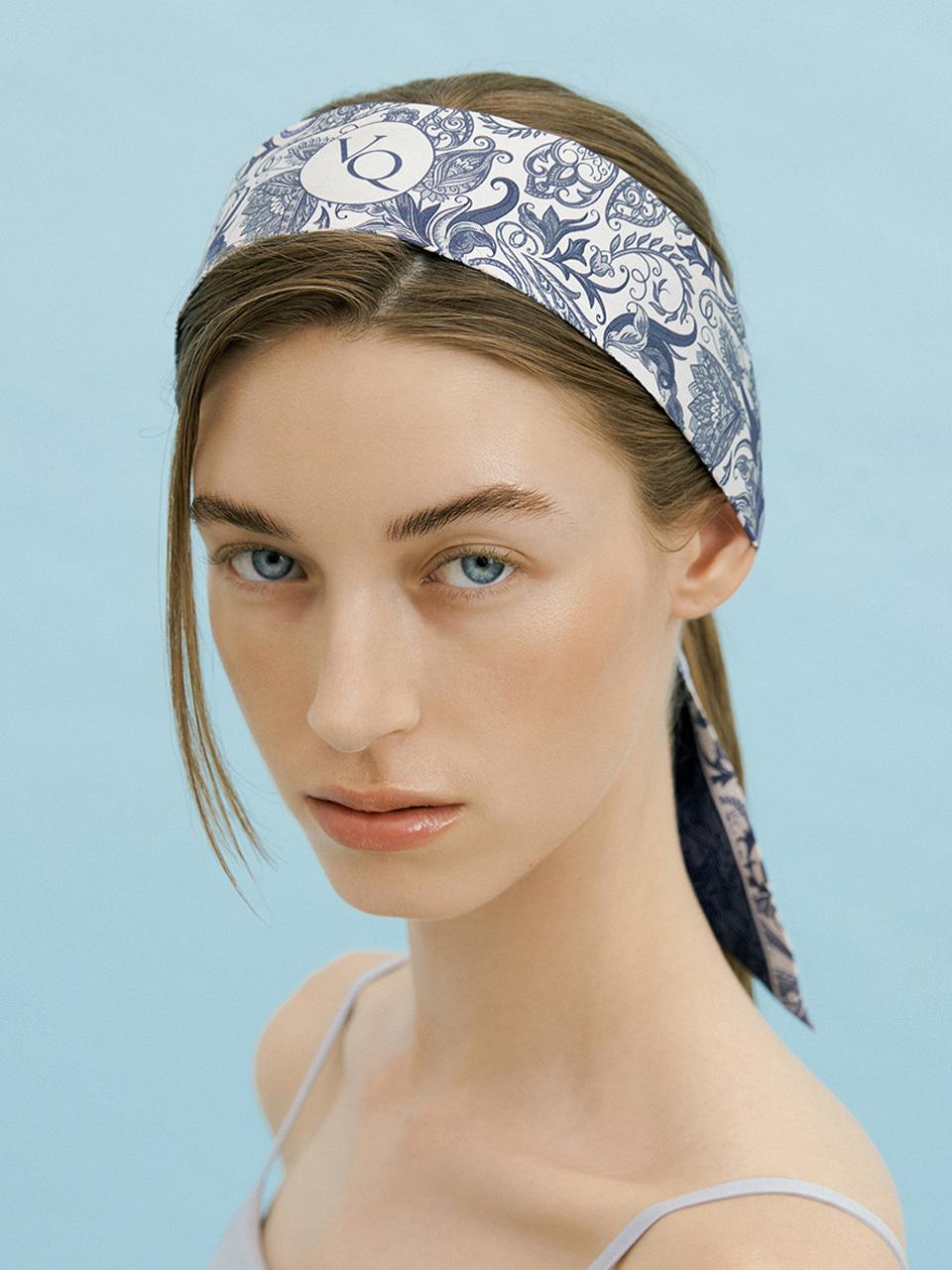 Ven&Qu Paisley Garden-Misty Navy Long Twilly Silk Scarf